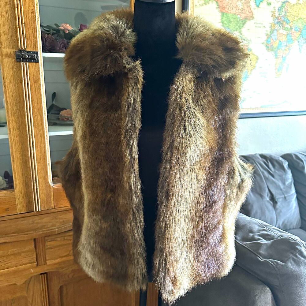 Brown Golden Faux Fur Vest Plush Shawl Collar Lined Boho Glam Layering
